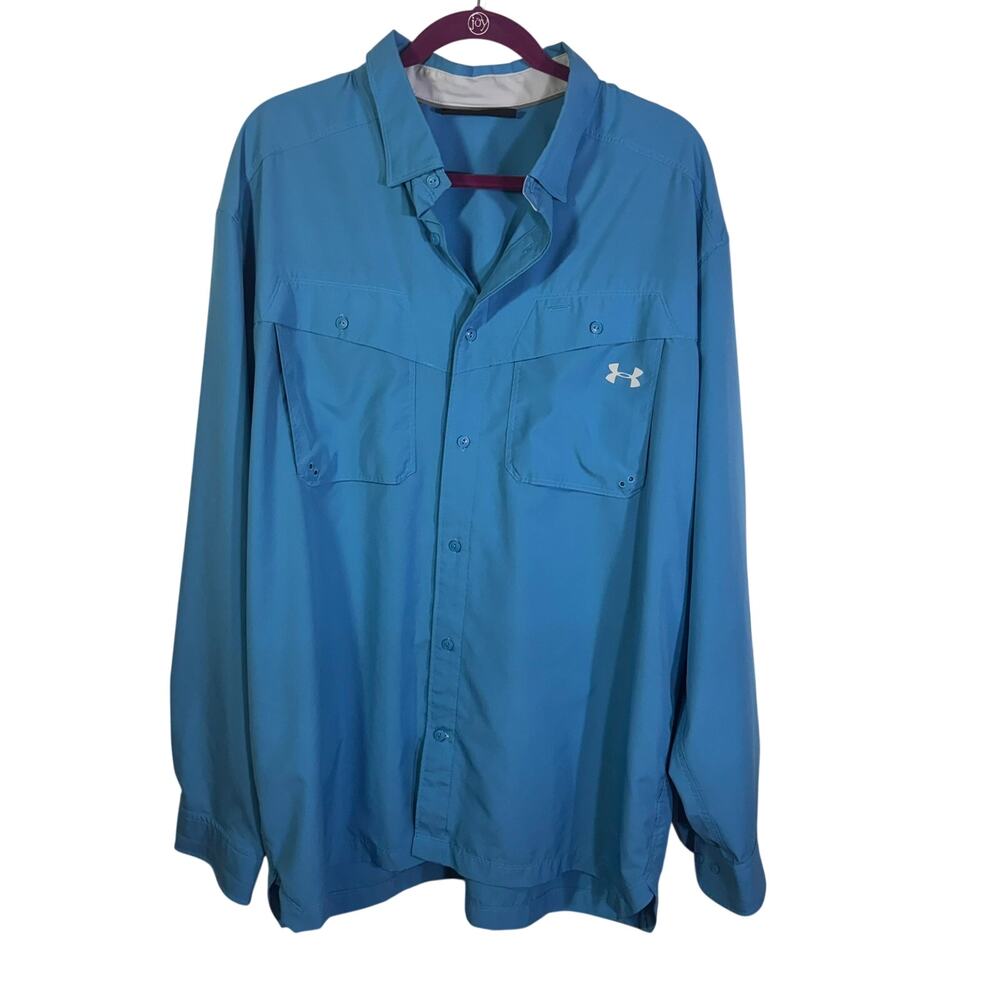 Under Armour HeatGear Fishing Shirt Blue Button Up Vented XXL Loose